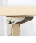 4 Pack Self Locking Folding Brackets Heavy Duty Galvanized Steel Hinges For Foldable Workbench And Kitchen Table Ready To Roll Rock Solid Stability No Sweat Assembly Silver Grey, close-up view of hinge on wooden frame.