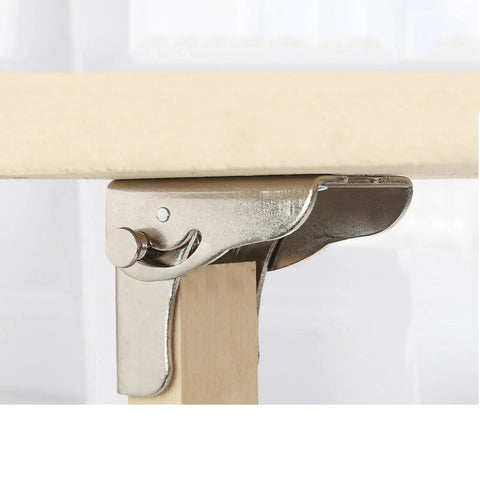 4 Pack Self Locking Folding Brackets Heavy Duty Galvanized Steel Hinges For Foldable Workbench And Kitchen Table Ready To Roll Rock Solid Stability No Sweat Assembly Silver Grey, close-up view of hinge on wooden frame.