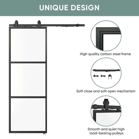 Clear Tempered Glass Barn Door 28 Inch By 84 Inch With Carbon Steel Frame Pre Drilled For Easy Assembly Including 5 Foot Hardware Kit And Soft Close System For Smooth Sliding And Modern Interior Spaces. Front view showing frame and hardware.