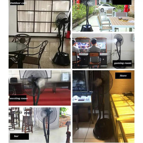 Heavy Duty Outdoor Misting Floor Fan With Three Speed Settings And Wide Swing in outdoor cafe with fine mist effect.