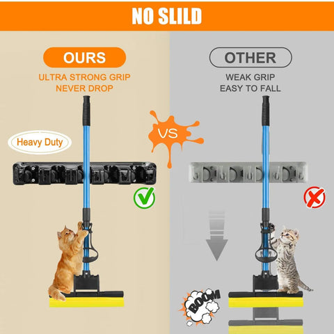 Comparison showing Wall Mounted Mop And Broom Holder Organizer Rack with strong grip vs weaker grip alternative.