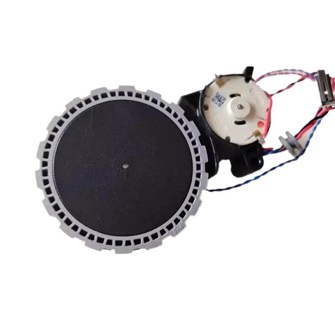 Front view of L wheel replacement for Ecovacs Omni Turbo vacuum; gray outer ring with black center and wiring.