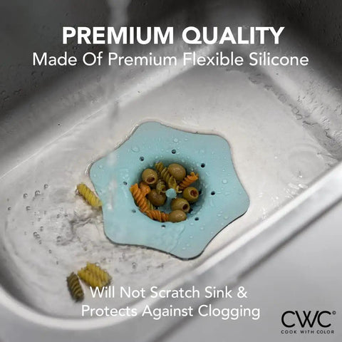 Colorful Silicone Kitchen Sink Strainer Set, No-Fuss Flexible Flower Shaped Drain Filter in Blue Teal with pasta debris.
