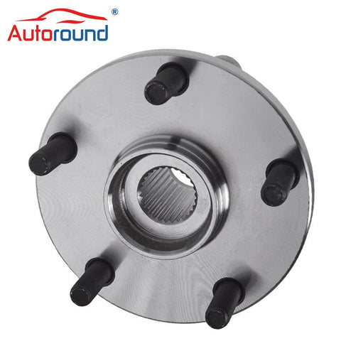 Front Wheel Hub And Bearing Assembly With ABS For Outback Forester Impreza Legacy Ascent 5 Lug Replacement Built For A Smooth Ride And Easy Install Today, showing top view of 5-lug metal hub.
