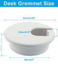 Four Pack Two Inch White Desk Grommets For Dope Cable Management And Hella Neat Workspace Setup Featuring Sturdy Abs Plastic Cord Pass Through Covers. Size and dimensions displayed.
