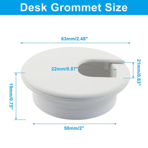Four Pack Two Inch White Desk Grommets For Dope Cable Management And Hella Neat Workspace Setup Featuring Sturdy Abs Plastic Cord Pass Through Covers. Size and dimensions displayed.