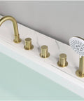 Brushed Gold Five Hole Roman Tub Faucet With Sprayer Deck Mount Tub Filler Set and Hand Shower on white tub