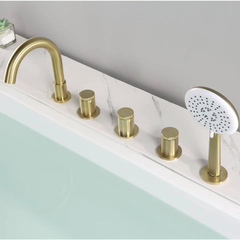 Brushed Gold Five Hole Roman Tub Faucet With Sprayer Deck Mount Tub Filler Set and Hand Shower on white tub