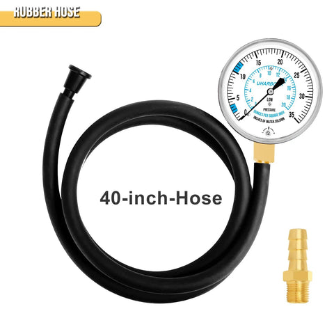 Front view of UHARBOUR manometer gas pressure tester with 40-inch hose, brass 1/8 in NPT fitting and dial gauge