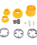 Electric Drill Pipe Threader For PVC, Reusable Die Kit components including yellow and metal pieces for DIY plumbing tasks.