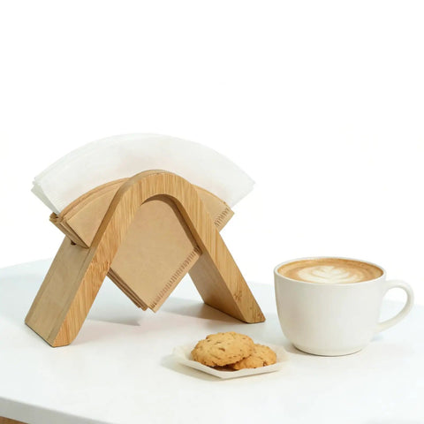 Bamboo Coffee Filter Holder Rack and Stand for Four Filter Papers Type A Eco Friendly Kitchen Organizer for V60 Pour Over next to coffee cup