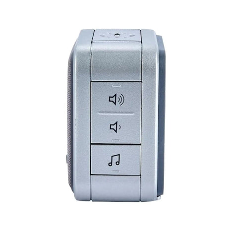 Side view of Portable Wireless Doorbell with volume buttons and music icon, 350 ft range, gray finish, push button visible