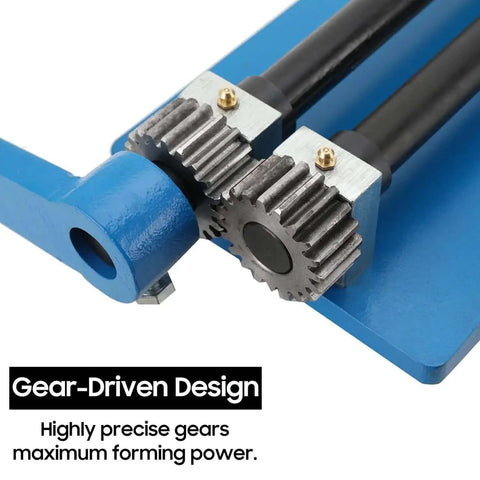 Close-up of the gear-driven design of the Heavy Duty Sheet Metal Bead Roller With 18 Inch Throat Depth And Included 4 6 7.5 mm Round Bead Dies.