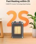 Heat Up Fast PTC Ceramic Space Heater With Thermostat 3 Modes No Fuss Compact Desk Heater beside large "2S" sign and plants
