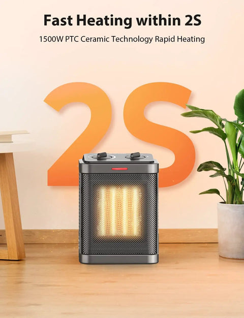 Heat Up Fast PTC Ceramic Space Heater With Thermostat 3 Modes No Fuss Compact Desk Heater beside large "2S" sign and plants