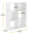 Six Cube Storage Organizer Bookcase With Open Display Shelves Three Tier Stackable MDF Wood Cabinet dimensions shown