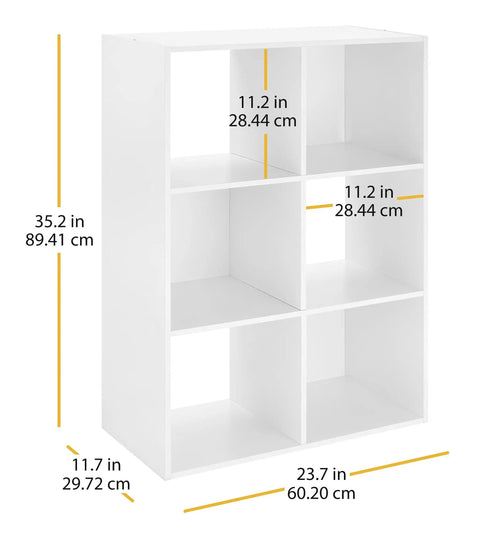 Six Cube Storage Organizer Bookcase With Open Display Shelves Three Tier Stackable MDF Wood Cabinet dimensions shown