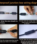 Wiring diagram for Outdoor IP68 Waterproof Junction Box 3 Way M25 Cable Connector, steps show connecting 6-11mm wires.