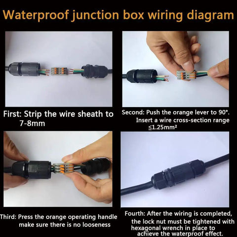 Wiring diagram for Outdoor IP68 Waterproof Junction Box 3 Way M25 Cable Connector, steps show connecting 6-11mm wires.