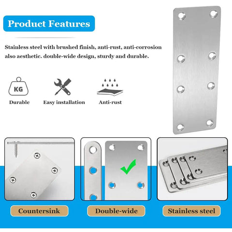 Four Pack Badass Stainless Steel Flat Mending Plates for Wood DIY fixes. 140x50mm with double-wide design and anti-rust features.