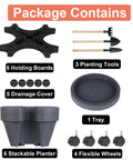 Package contents of Vertical Planter Tower Five Tier Stackable Garden Planters With Lockable Wheels displayed with components.