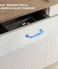 4 Pack Blue Aluminum Cabinet Pulls With 3.78 Inch Hole Centers 96mm And 4.49 Inch Length 114mm installed on white drawer