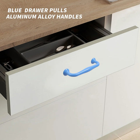 4 Pack Blue Aluminum Cabinet Pulls With 3.78 Inch Hole Centers 96mm And 4.49 Inch Length 114mm installed on white drawer