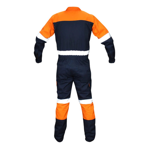 High Visibility Heavy Duty Coverall Tough As Nails Workwear With Reflective Trim, back view showing elastic waist and pockets.