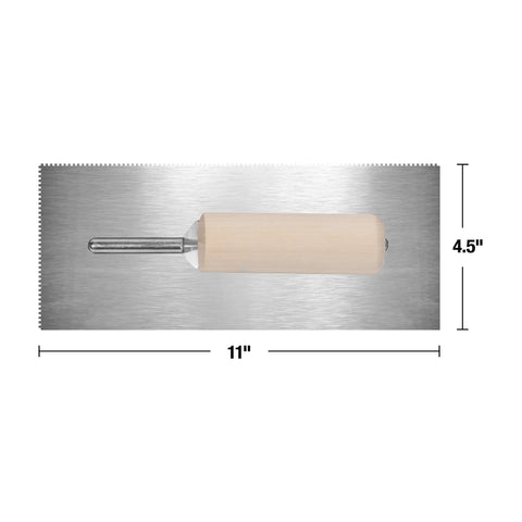 Top view of Professional Flooring Adhesive Trowel One Sixteenth Inch Square Notch, Tempered Steel Blade, Large Wood Handle, dimensions shown