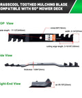 Image showing dimensions and views of Mulching Blades For Toro Time Cutter 50 Inch Deck Zero Turn Mower Compatible With MX5000 MX5050 MX5060 SS5000 115-5059-03 110-6837-03 Replacement Blades.