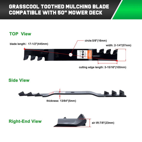 Image showing dimensions and views of Mulching Blades For Toro Time Cutter 50 Inch Deck Zero Turn Mower Compatible With MX5000 MX5050 MX5060 SS5000 115-5059-03 110-6837-03 Replacement Blades.
