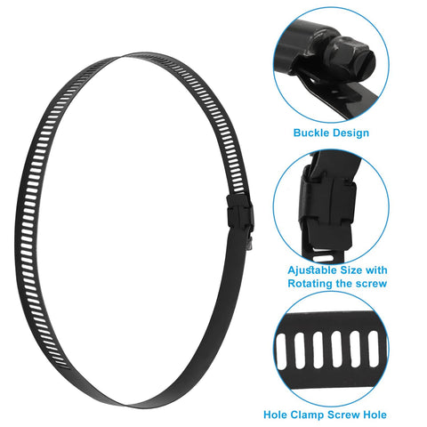 Two Pack 6 Inch Worm Gear Hose Clamps Adjustable 130 To 152 mm Range Black 304 Stainless Steel Duct Clamps For Automotive Fuel Line And Mechanical Projects showing details of buckle and hole clamp screw features.