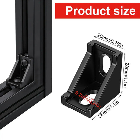 40 Piece Black Anodized 2020 Aluminum Extrusion Bracket Kit For 20 Series T Slot Corner Fasteners displayed with dimensions.