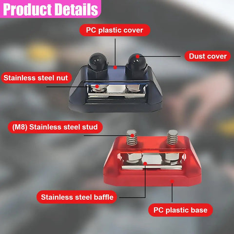 Hardcore M8 Bus Bar Power Distribution Block With Dual Stud Battery Terminal Connections rated for 250 Amps showcasing PC plastic cover and stainless steel components.