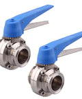 Two DERNORD blue trigger-handle 1.5-inch tri-clamp butterfly valves, stainless steel 304