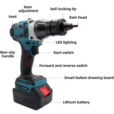 Powerful Cordless Rivet Nut Tool Kit With M3 To M12 Bits For Easy Automatic Installation Featuring Ergonomic Handle For No Cable Hassles And Serious Grip On Any Metal Job. Cordless rivet nut gun with lithium battery, LED light, and non-slip handle