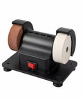 Compact Bench Grinder With Dual Polish Wheels, Straight Up Rock Solid Rubber Base, High Power Electric Sharpening Machine For Quick Workshop Repair Jobs, Built Dang Tough And Runs Totally Smooth Now on black stand with dual wheels.