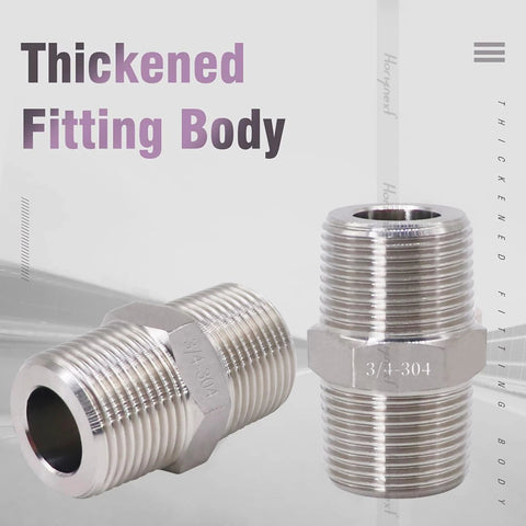 Two stainless steel 3/4 NPT hex pipe fittings, 1 in. OD, male threads for gas, air, and water hoses.