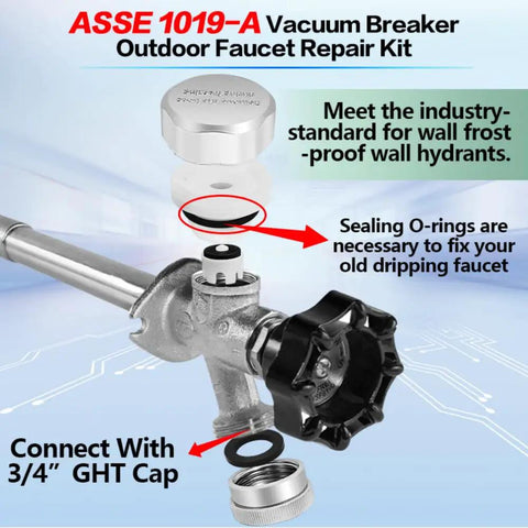 Vacuum Breaker Replacement Kit With Anti Siphon Valve, ASSE 1019 A Certified Repair Kit For Outdoor Faucets, image of kit components.