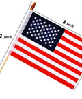 Handheld 5x8 Inch American Flags On Wooden Sticks 12 Pack Small US Flags On Sticks With Safe Spear Tops shown with dimensions
