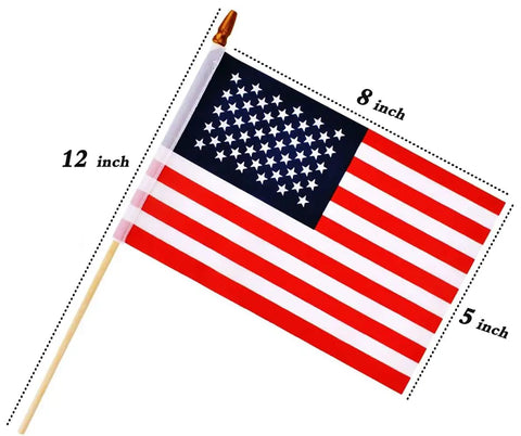 Handheld 5x8 Inch American Flags On Wooden Sticks 12 Pack Small US Flags On Sticks With Safe Spear Tops shown with dimensions