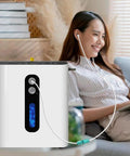 Smiling woman using 1.5m Reusable Hydrogen Inhalation Tube for Home H2 Gas Generator Machines, relaxing on a couch