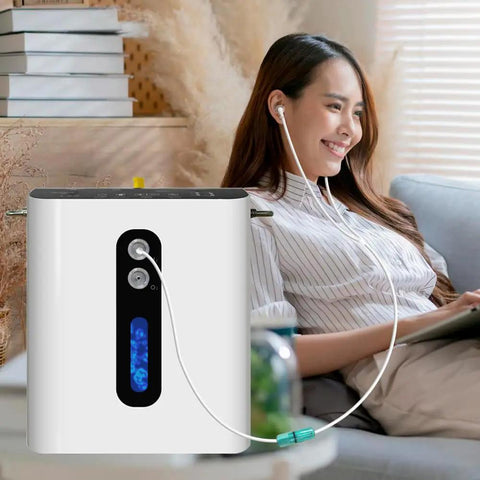 Smiling woman using 1.5m Reusable Hydrogen Inhalation Tube for Home H2 Gas Generator Machines, relaxing on a couch