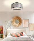 17 Inch Semi Flush Mount Ceiling Light Fixture With Three Light E26 Base Dope Modern Double Drum Design In Matte Black Iron Mesh Cage With Glass Diffuser for bedroom