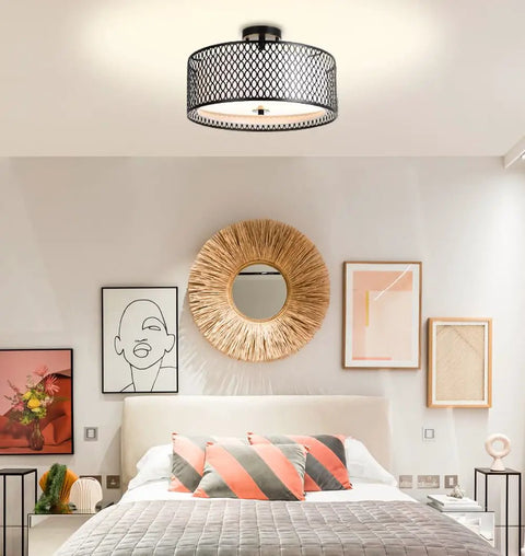 17 Inch Semi Flush Mount Ceiling Light Fixture With Three Light E26 Base Dope Modern Double Drum Design In Matte Black Iron Mesh Cage With Glass Diffuser for bedroom