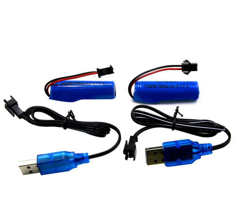 Two Pack 3.7V 800mAh Li Ion RC Battery With USB Cable SM 2P Plug For Double Sided Stunt RC Cars Small RC Boats Amphibious RC Vehicles And One Eighteenth Scale RC Trucks Ready To Power Up Your Fleet. Image shows two blue batteries with black and red wires, USB cables with blue connectors, and SM 2P plugs.