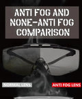 OTG Safety Goggles For Glasses Wearers With Smoke Tint Anti Fog Lenses UV400 Protection Impact Resistant Design Integrated Side Shields Lab Grade ANSI Z87.1 Plus Goggles with anti-fog lens comparison showing normal vs anti-fog performance.