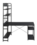 Top Tier Industrial Home Office Computer Desk With Five Tier Storage Shelves Fifty Four Inch Study Writing Table Desktop Workstation side view with solid steel frame and matte black finish.