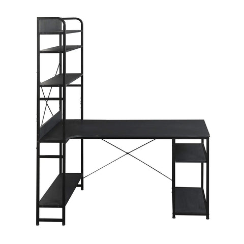 Top Tier Industrial Home Office Computer Desk With Five Tier Storage Shelves Fifty Four Inch Study Writing Table Desktop Workstation side view with solid steel frame and matte black finish.
