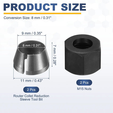 2Pcs 8mm Carbon Steel Router Collet Reduction Sleeve Adapter with M15 Nuts for Woodworking and DIY CNC Detail View